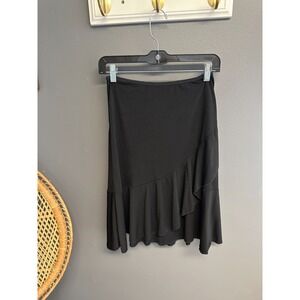 Vintage Wrapper Womens Skirt Y2K Size S Black Asymmetrical Ruffle Knee Length